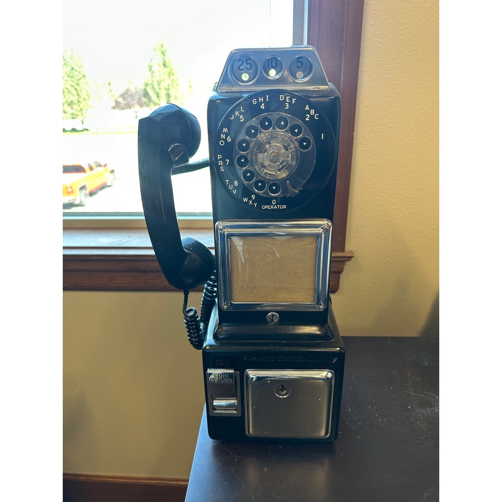Vintage Automatic Electric Co Rotary Payphone Black 3 Slot Landline 1988 Retro